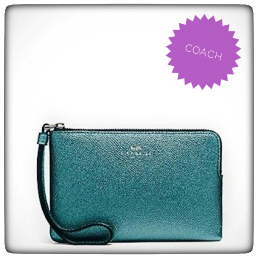 NWT COACH Leather Wristlet~Metallic Teal~F21070 - Picture 1 of 8